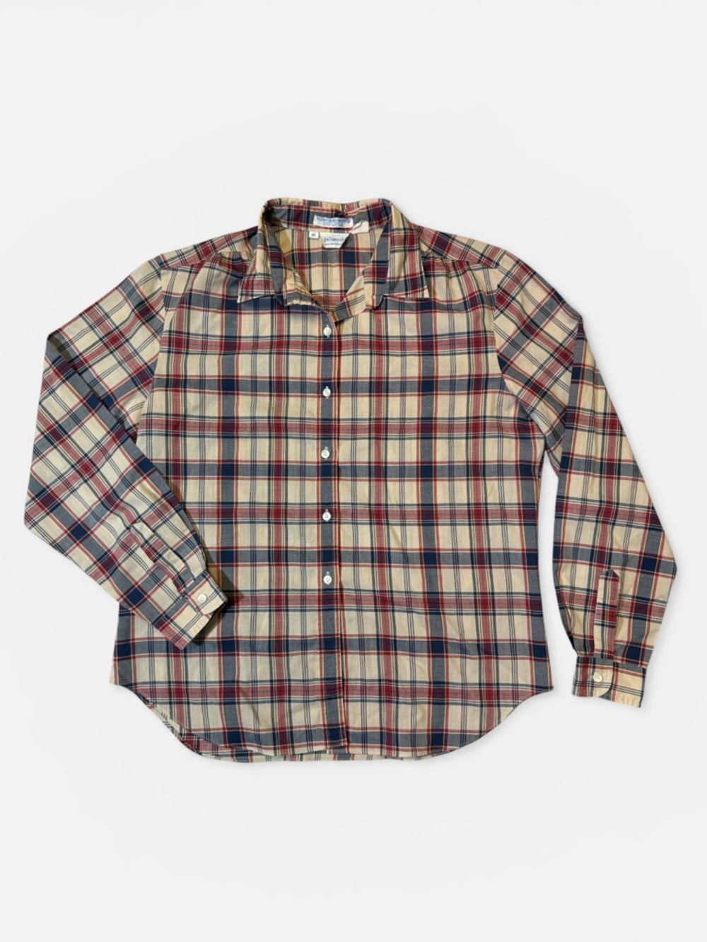 VINTAGE Levi’s women’s 16 tan red plaid cotton blend lightweight button up shirt